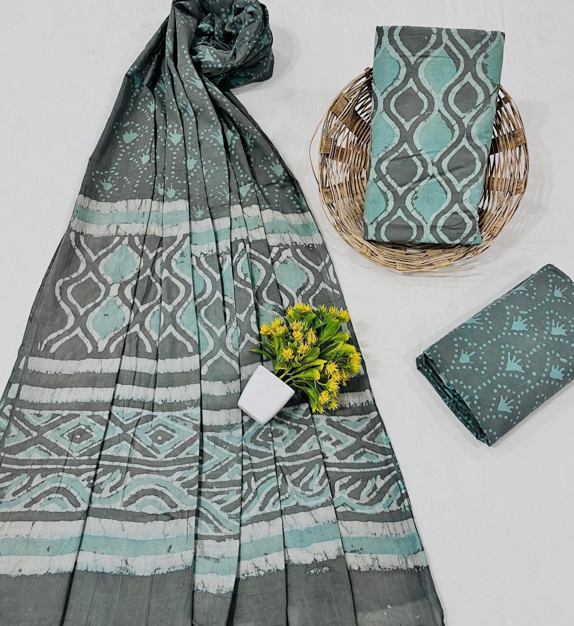 Wholesale Handblock Printed Cotton Mul Mul Dress Material Set with Mul Dupatta – Grey Color, Handcrafted in Rajasthan for Designers, Boutiques, and Bulk Orders